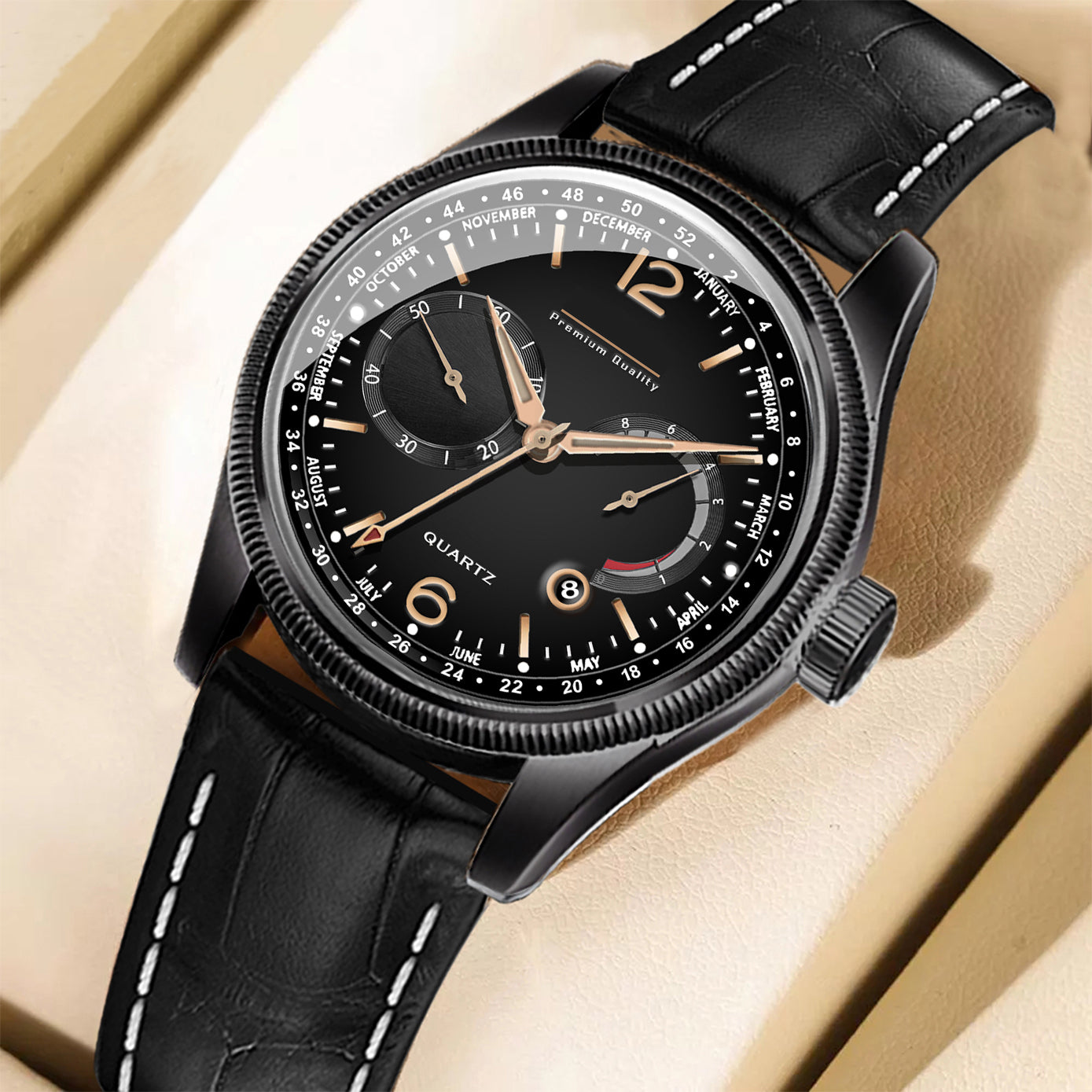 Men's Stealth Multifunction Calendar Watch | Matte Black Case, Black Dial, and Black Alligator-Style Strap