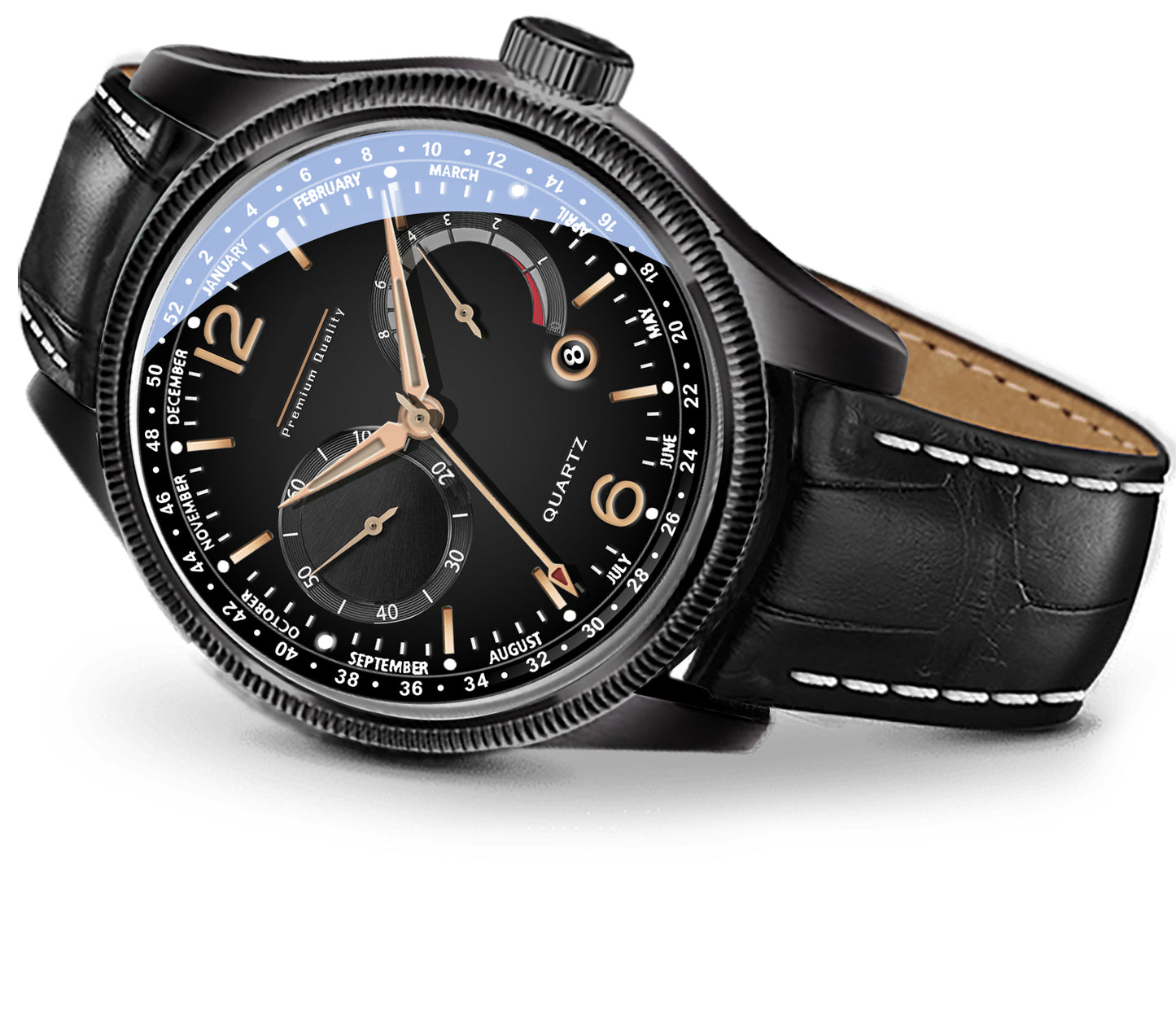 Men's Stealth Multifunction Calendar Watch | Matte Black Case, Black Dial, and Black Alligator-Style Strap