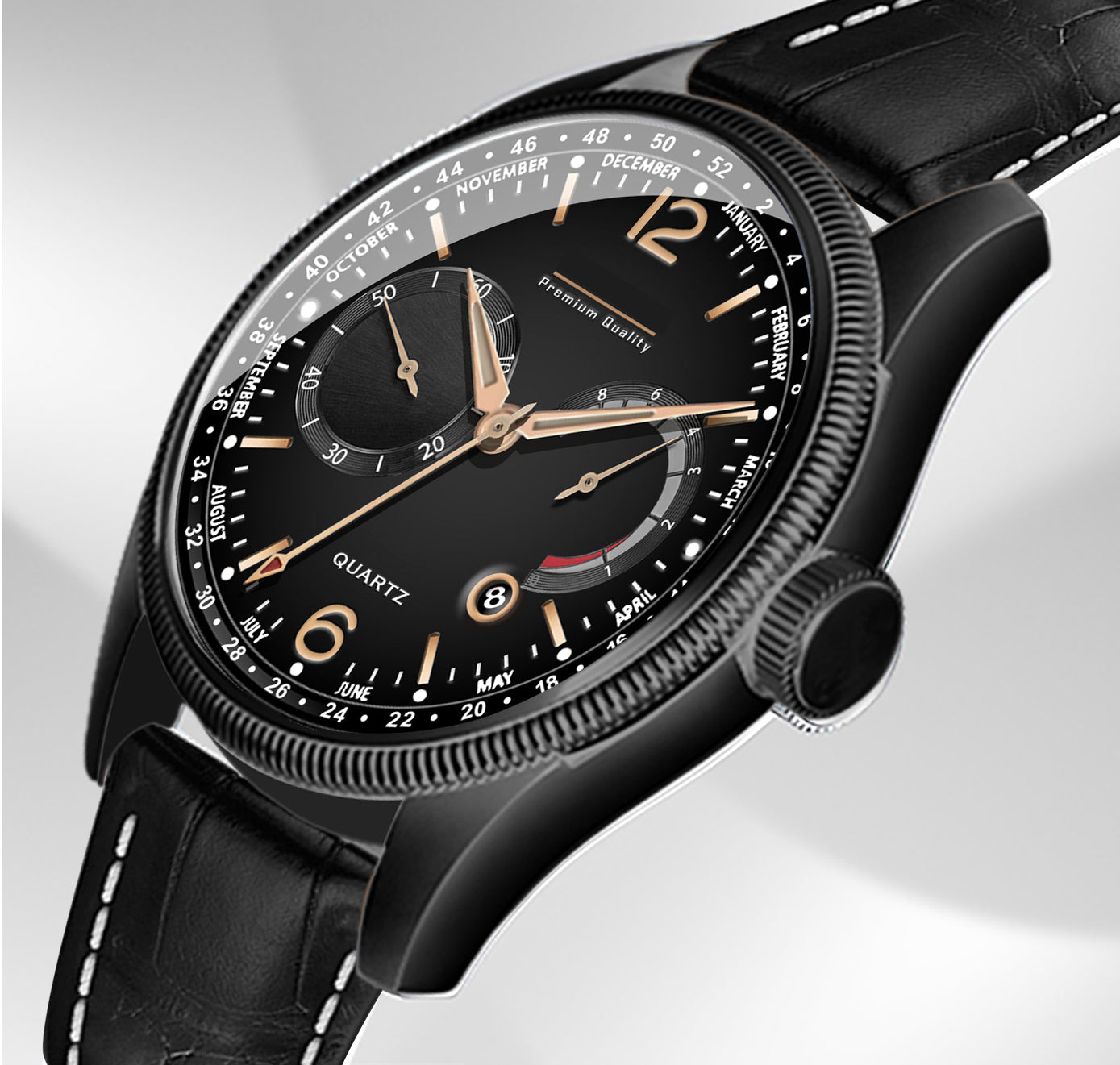 Men's Stealth Multifunction Calendar Watch | Matte Black Case, Black Dial, and Black Alligator-Style Strap