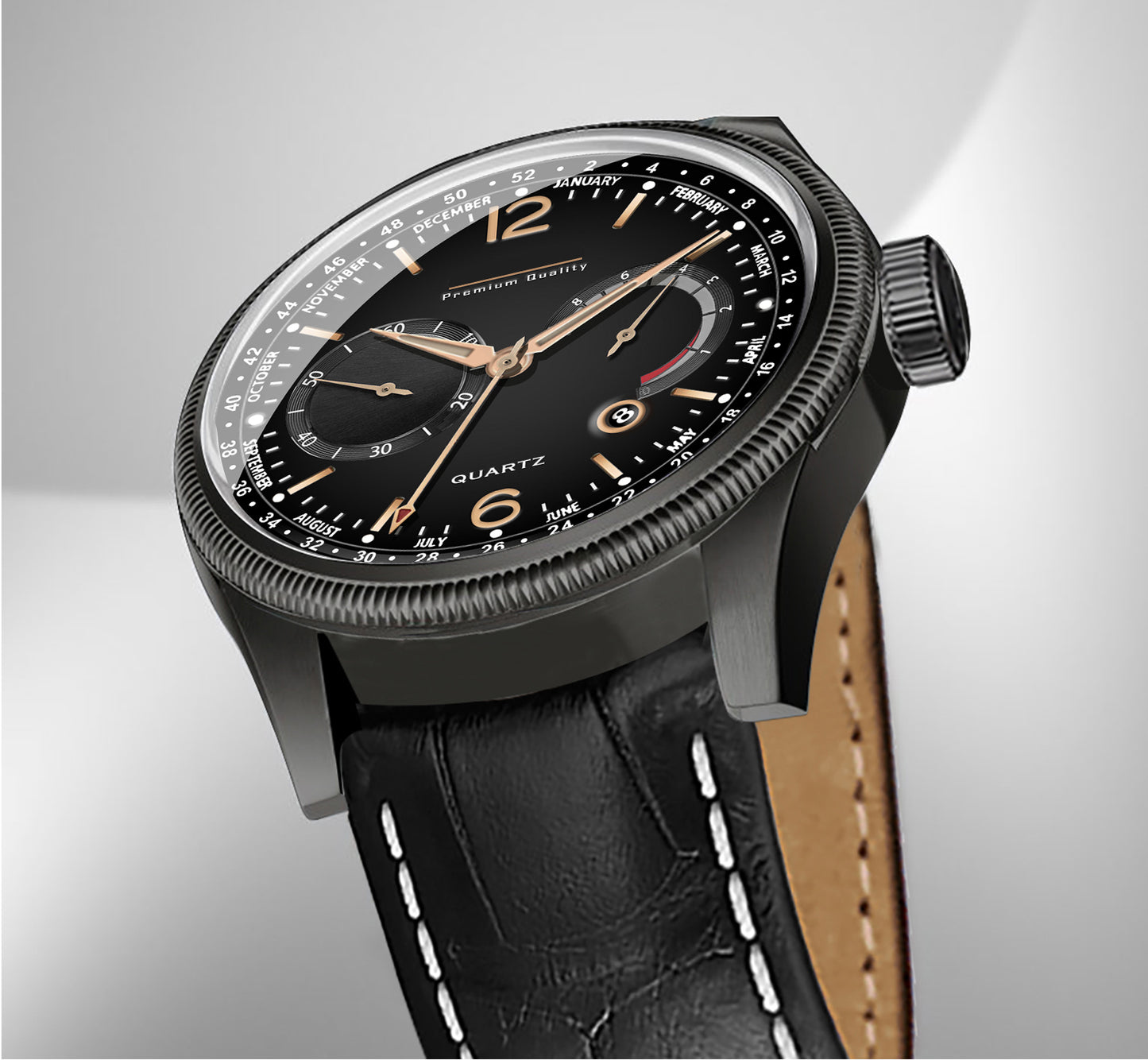 Men's Stealth Multifunction Calendar Watch | Matte Black Case, Black Dial, and Black Alligator-Style Strap