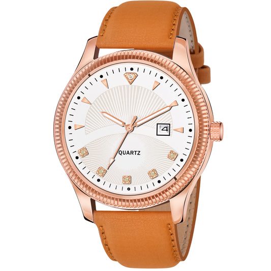 Women's Elegant Quartz Dress Watch | Rose Gold-Tone, Crystal-Accented White Dial, and Blue Leather Strap