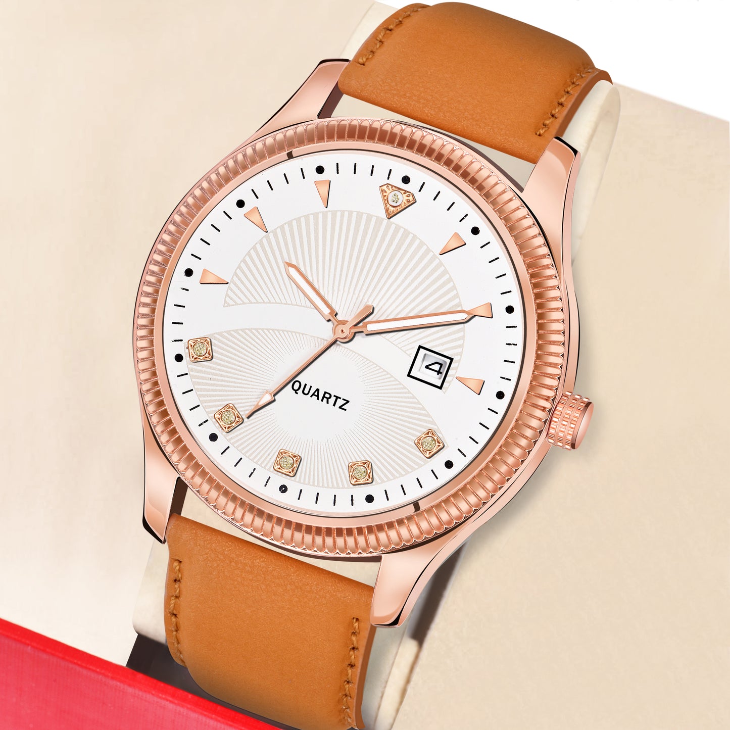 Women's Elegant Quartz Dress Watch | Rose Gold-Tone, Crystal-Accented White Dial, and Blue Leather Strap