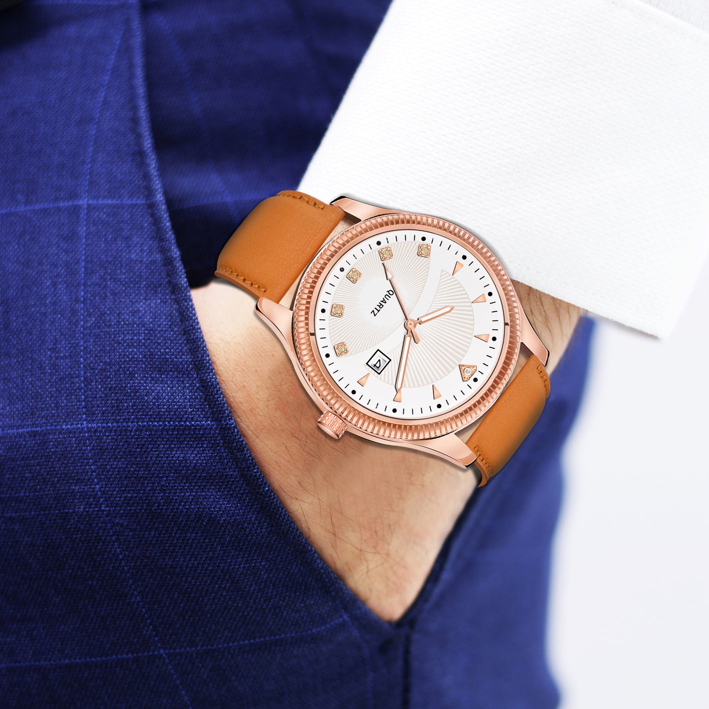 Women's Elegant Quartz Dress Watch | Rose Gold-Tone, Crystal-Accented White Dial, and Blue Leather Strap