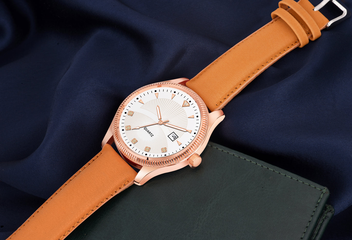 Women's Elegant Quartz Dress Watch | Rose Gold-Tone, Crystal-Accented White Dial, and Blue Leather Strap