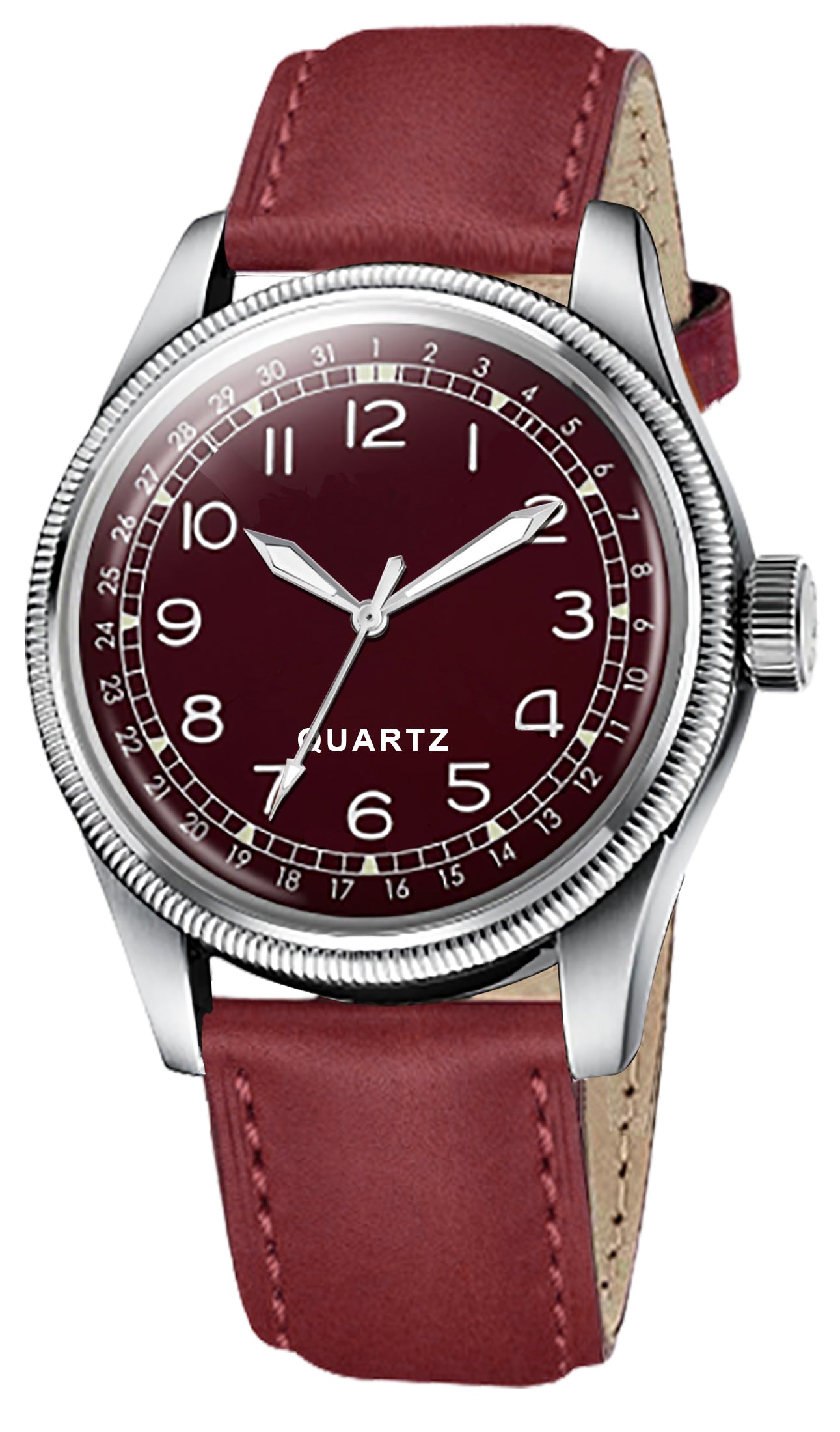 Men's Vintage Style Quartz Watch with Burgundy Dial and Leather Strap | Retro Pilot Field Watch with Date Indicator