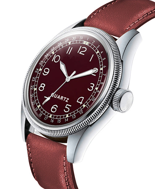Men's Vintage Style Quartz Watch with Burgundy Dial and Leather Strap | Retro Pilot Field Watch with Date Indicator