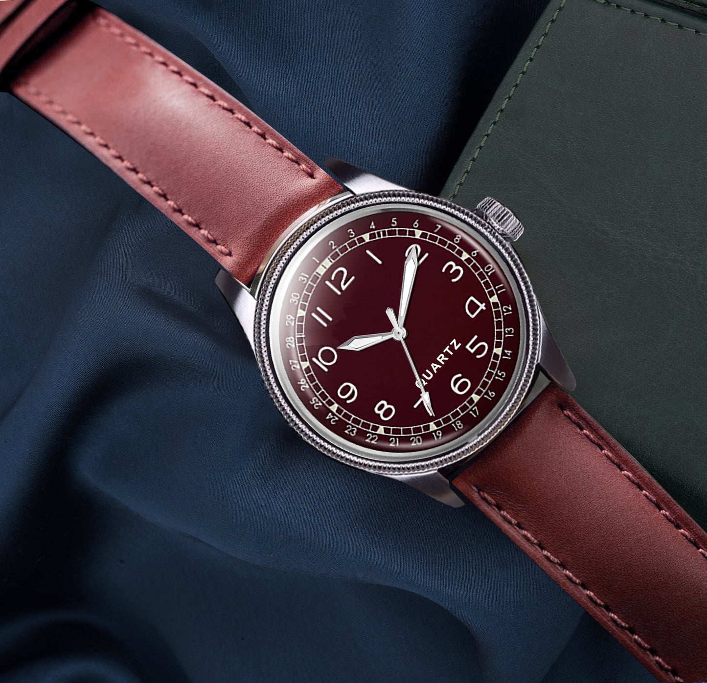 Men's Vintage Style Quartz Watch with Burgundy Dial and Leather Strap | Retro Pilot Field Watch with Date Indicator