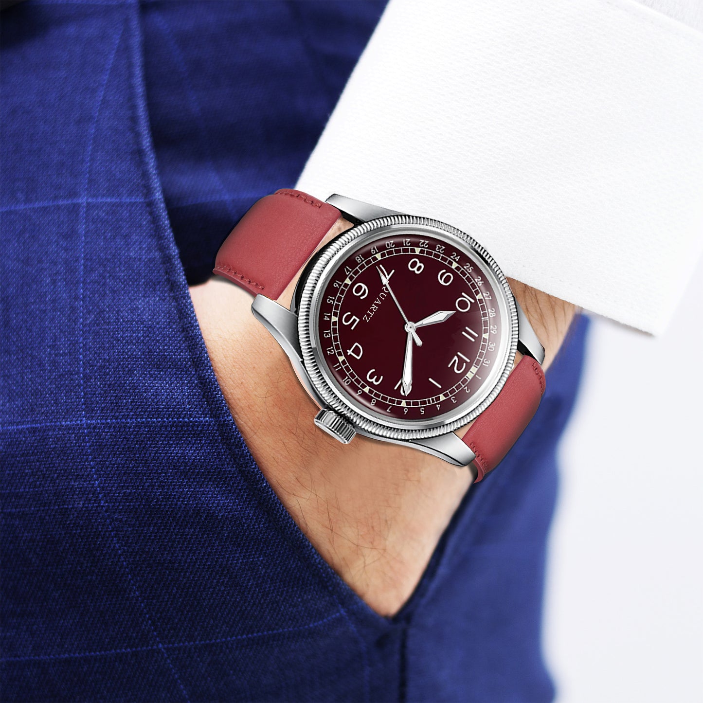 Men's Vintage Style Quartz Watch with Burgundy Dial and Leather Strap | Retro Pilot Field Watch with Date Indicator