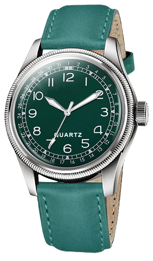 Men's Vintage Style Quartz Watch with Emerald Green Dial and Teal Leather Strap | Retro Field Watch with Pointer Date