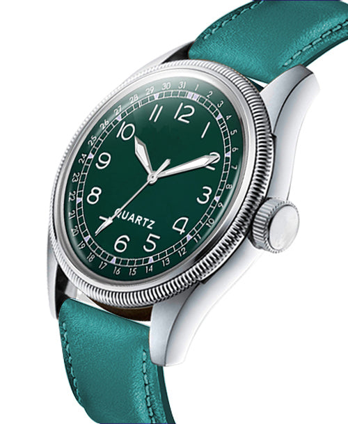 Men's Vintage Style Quartz Watch with Emerald Green Dial and Teal Leather Strap | Retro Field Watch with Pointer Date
