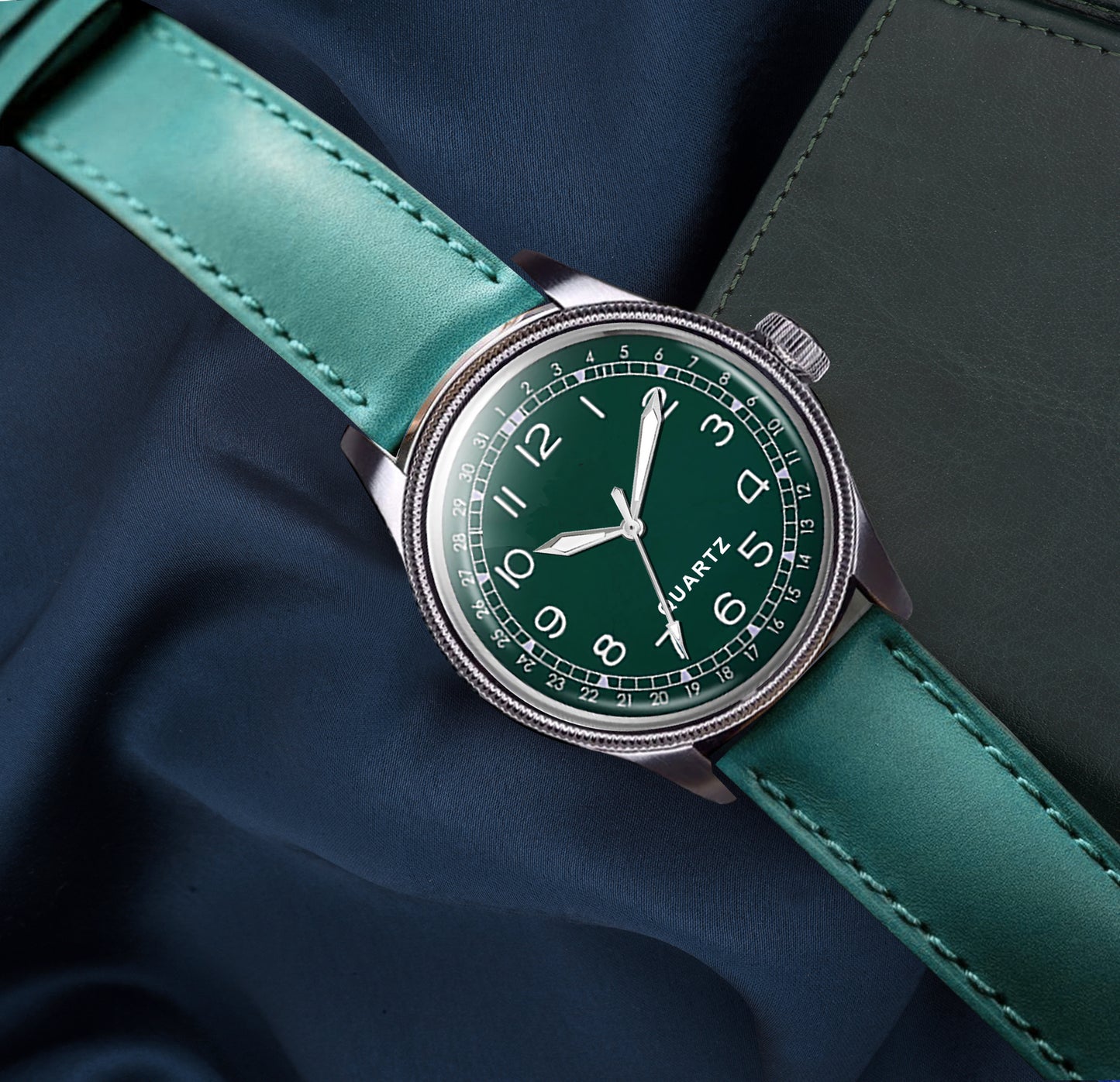 Men's Vintage Style Quartz Watch with Emerald Green Dial and Teal Leather Strap | Retro Field Watch with Pointer Date
