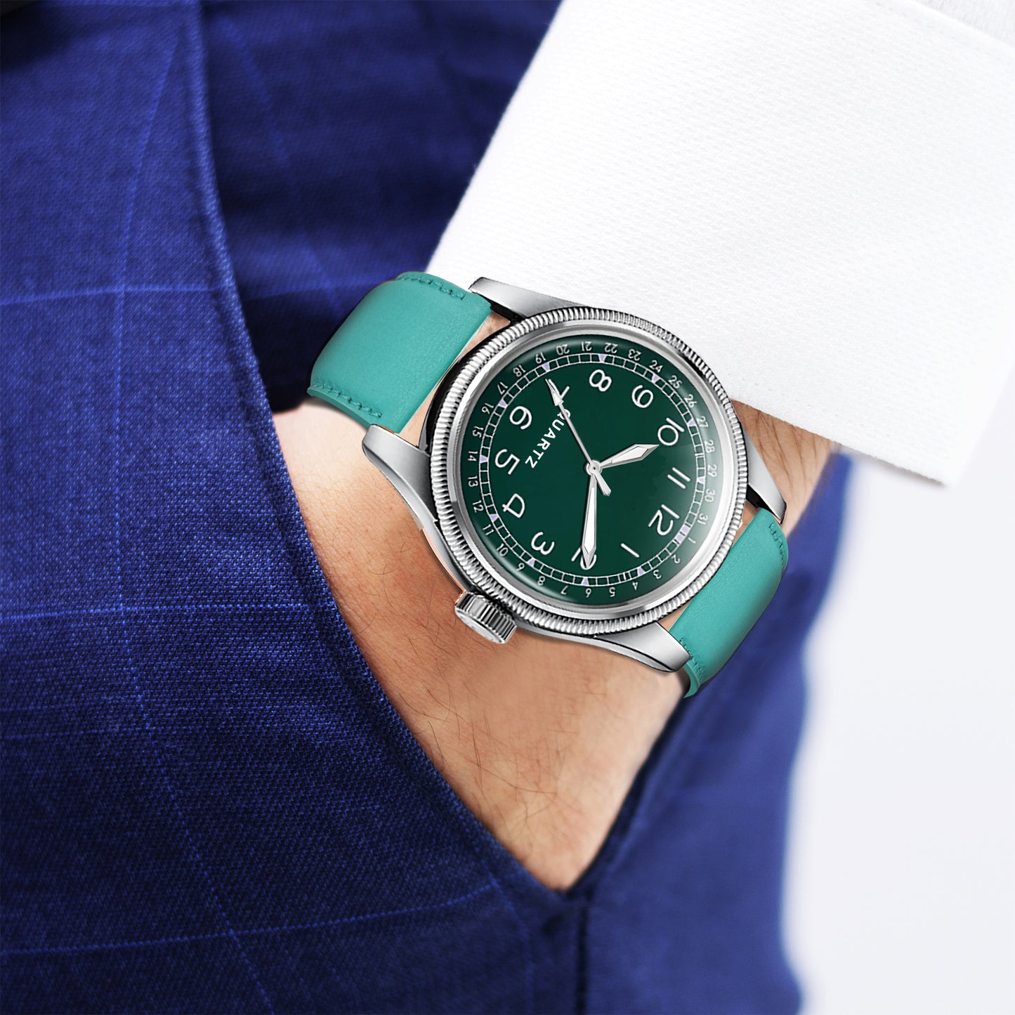 Men's Vintage Style Quartz Watch with Emerald Green Dial and Teal Leather Strap | Retro Field Watch with Pointer Date