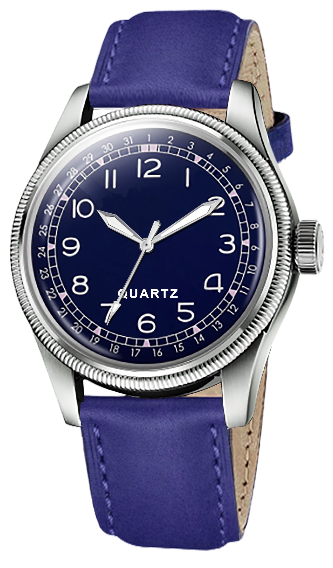 Men's Vintage Style Quartz Watch with Midnight Blue Dial and Bold Purple Leather Strap | Retro Pilot Watch with Pointer Date