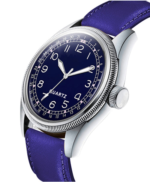 Men's Vintage Style Quartz Watch with Midnight Blue Dial and Bold Purple Leather Strap | Retro Pilot Watch with Pointer Date