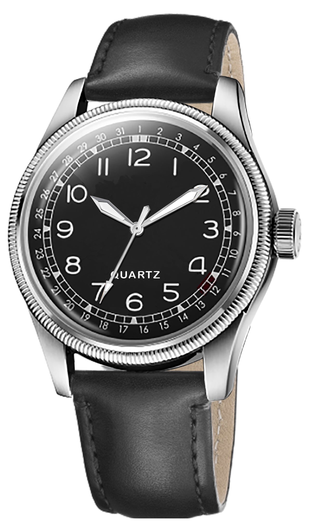 Men's Classic Black Quartz Watch with Matte Dial and Black Leather Strap | Vintage Field Watch with Pointer Date Indicator