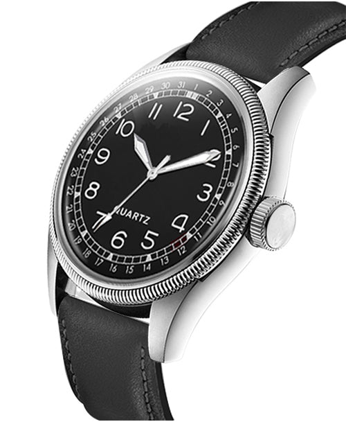 Men's Classic Black Quartz Watch with Matte Dial and Black Leather Strap | Vintage Field Watch with Pointer Date Indicator