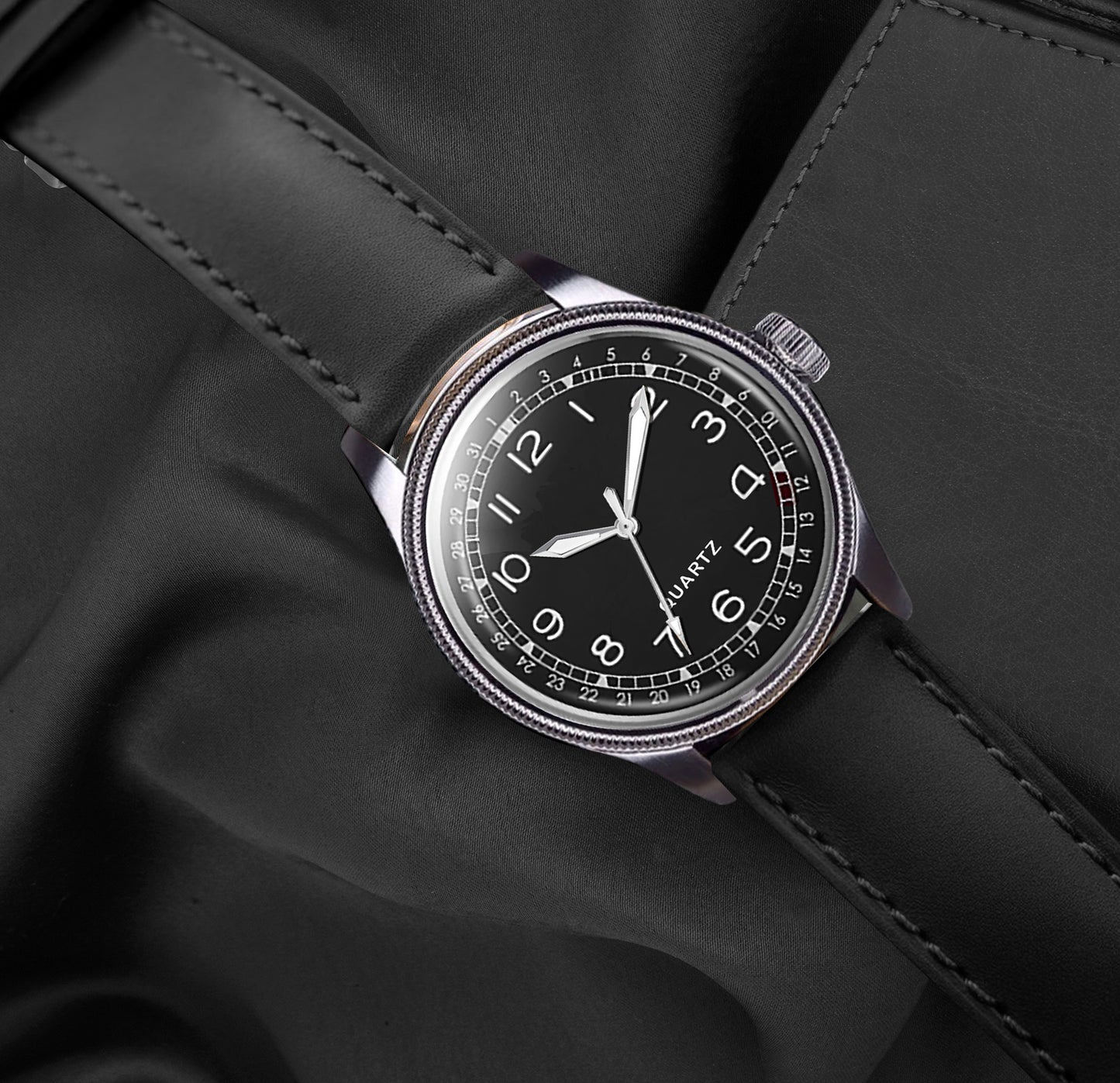 Men's Classic Black Quartz Watch with Matte Dial and Black Leather Strap | Vintage Field Watch with Pointer Date Indicator