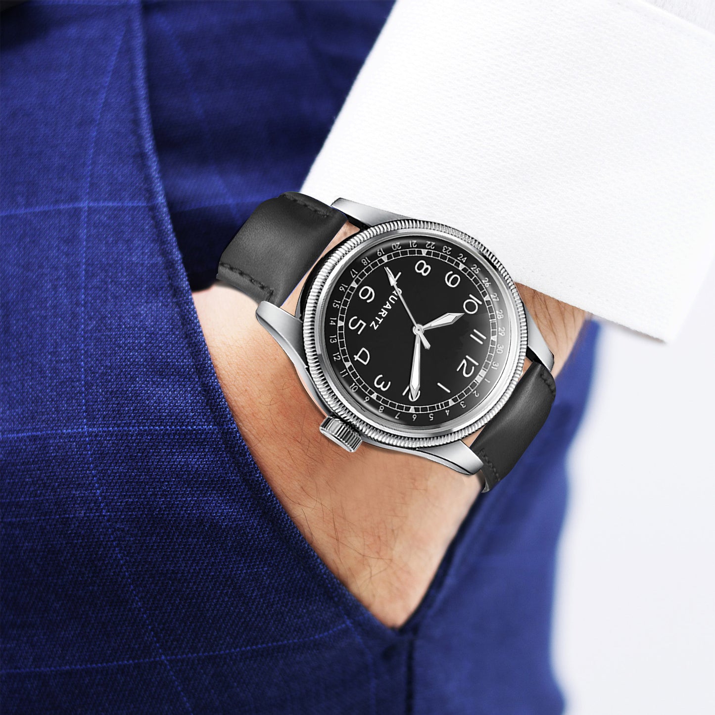 Men's Classic Black Quartz Watch with Matte Dial and Black Leather Strap | Vintage Field Watch with Pointer Date Indicator