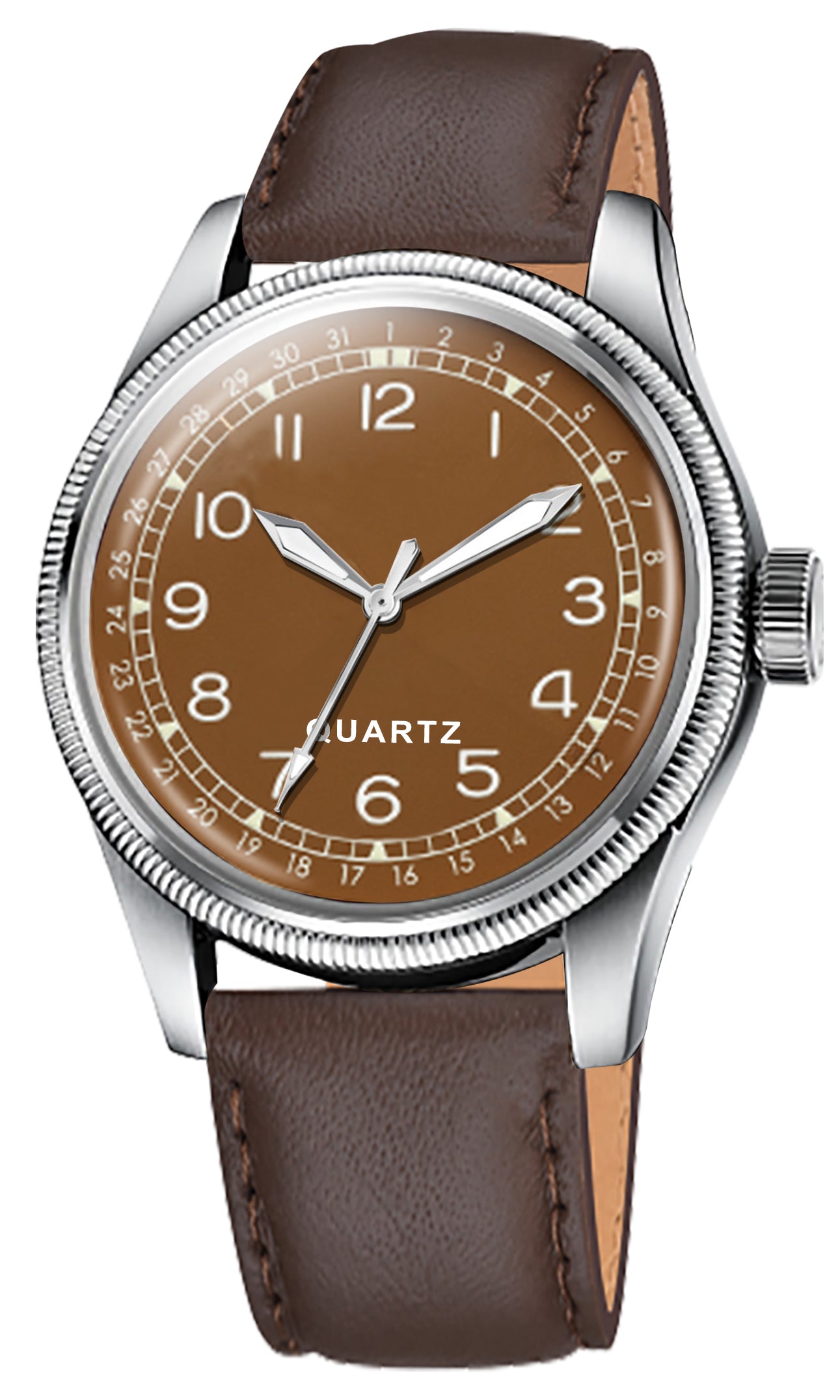 Men's Vintage Style Quartz Watch with Rich Brown Dial and Leather Strap | Retro Pilot Field Watch with Pointer Date