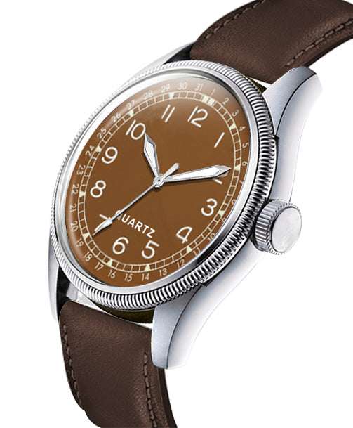 Men's Vintage Style Quartz Watch with Rich Brown Dial and Leather Strap | Retro Pilot Field Watch with Pointer Date