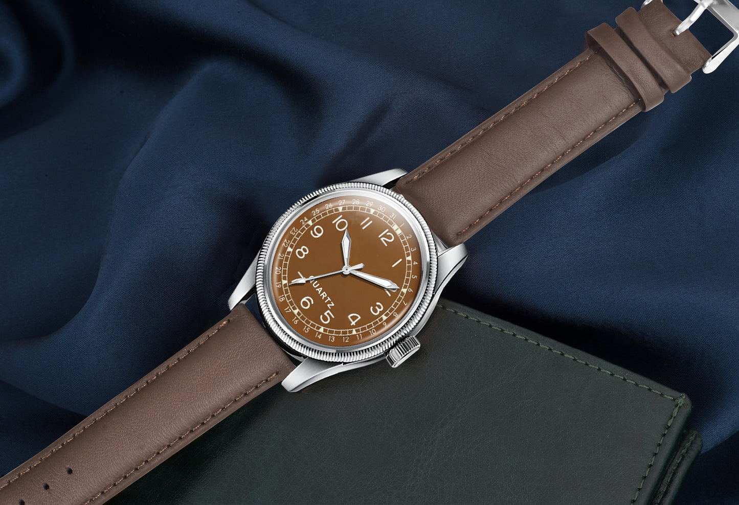 Men's Vintage Style Quartz Watch with Rich Brown Dial and Leather Strap | Retro Pilot Field Watch with Pointer Date