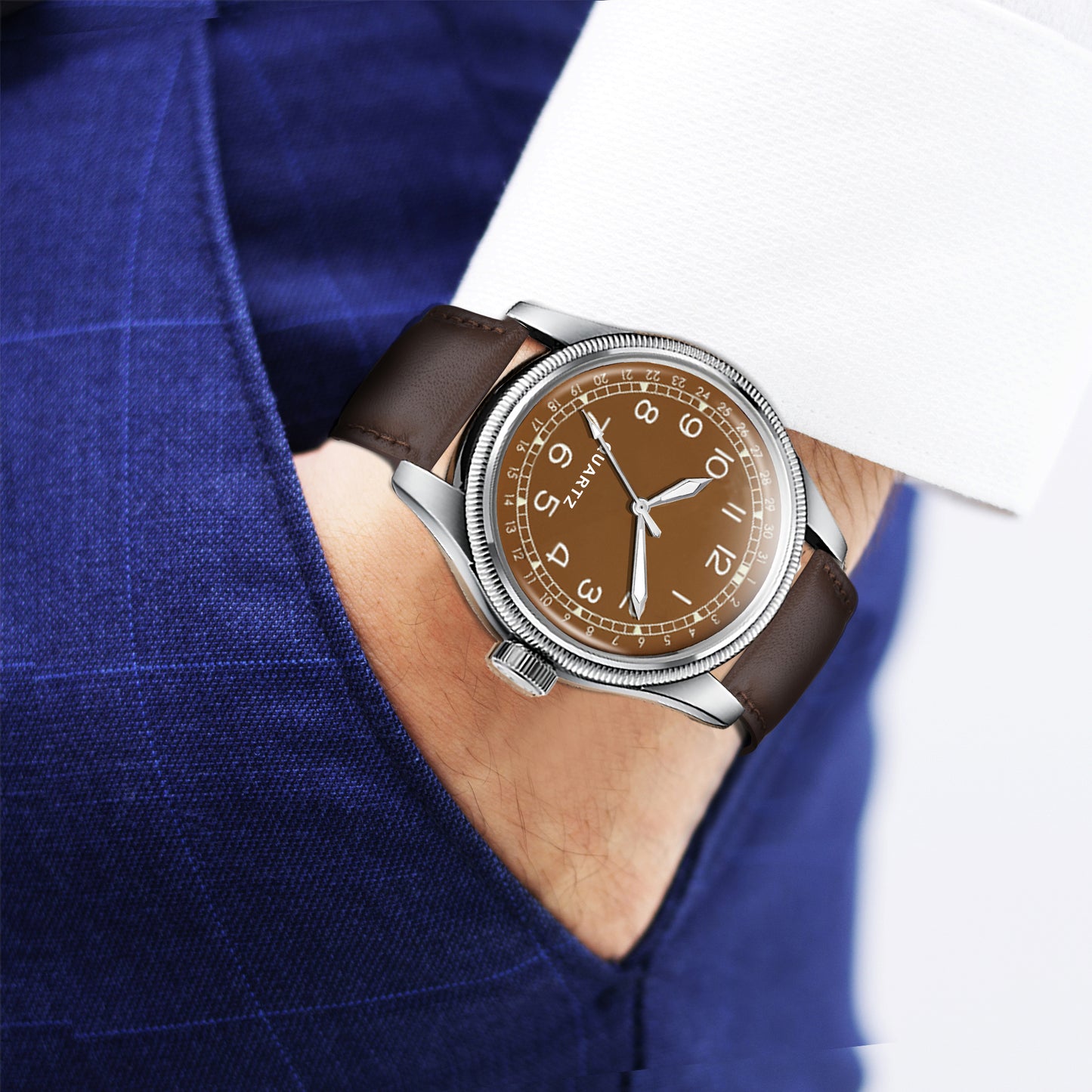 Men's Vintage Style Quartz Watch with Rich Brown Dial and Leather Strap | Retro Pilot Field Watch with Pointer Date