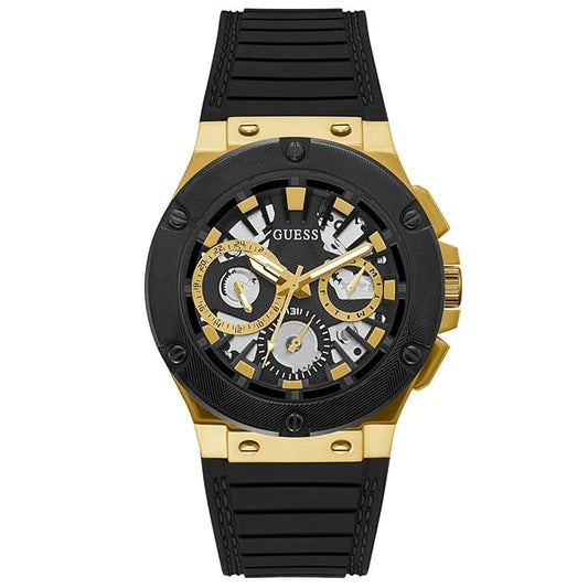 Guess Men's Gold-Tone and Black Silicone Strap Watch
